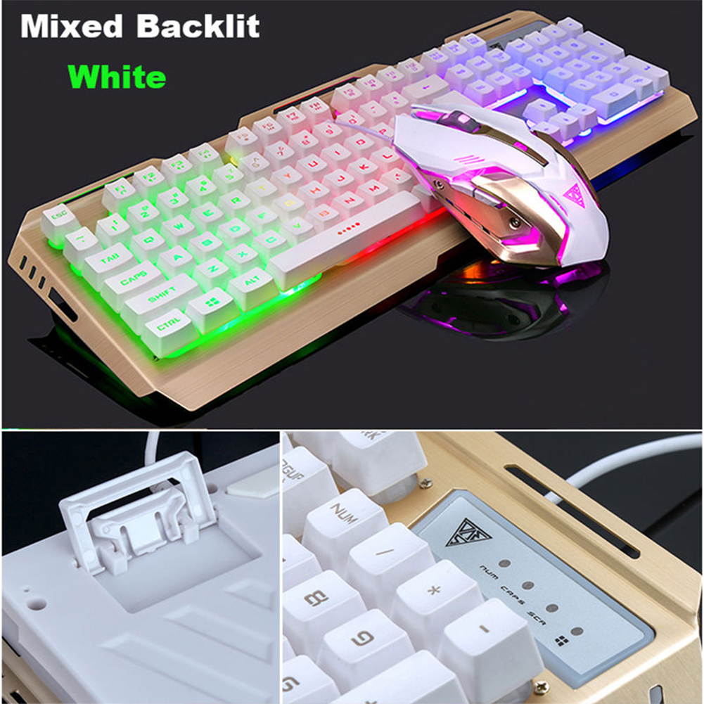 UrChoiceLtd&reg; V1 Gaming Keyboard & Mouse Combo Wired Rainbow LED Backlit Multimedia Ergonomic Usb Gaming Keyboard Metal Waterproof + 3200DPI 6 Buttons Backlit Optical Usb Gaming Mouse + Mouse Pad Sets