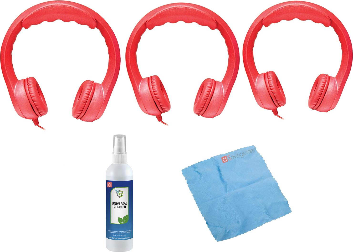 Hamilton Buhl Flex-Phones, Foam Kids Headphones - Red (3 pack) & Cleaning Kit