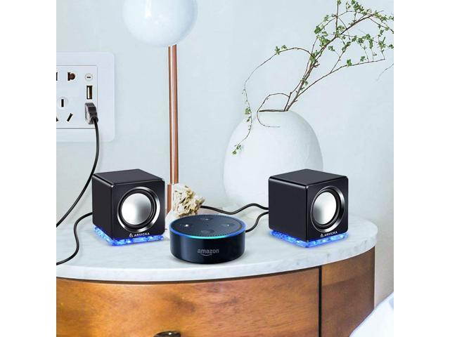 ARVICKA Blue LED USB Speakers- Wired Laptop Speakers 2.0 Channel Small Computer Desktop Speakers for PC, Echo Dot, Updated Version, White