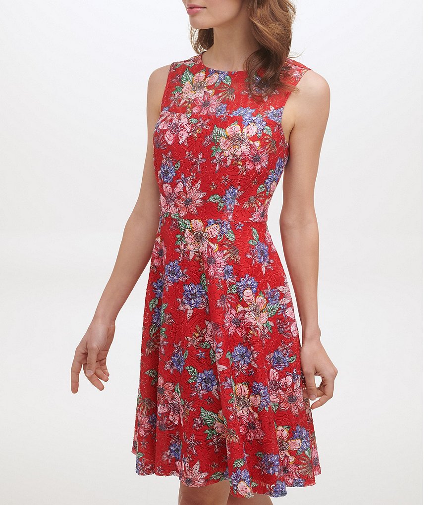 Kensie Jewel Neck Sleeveless Floral Lace A-Line Dress