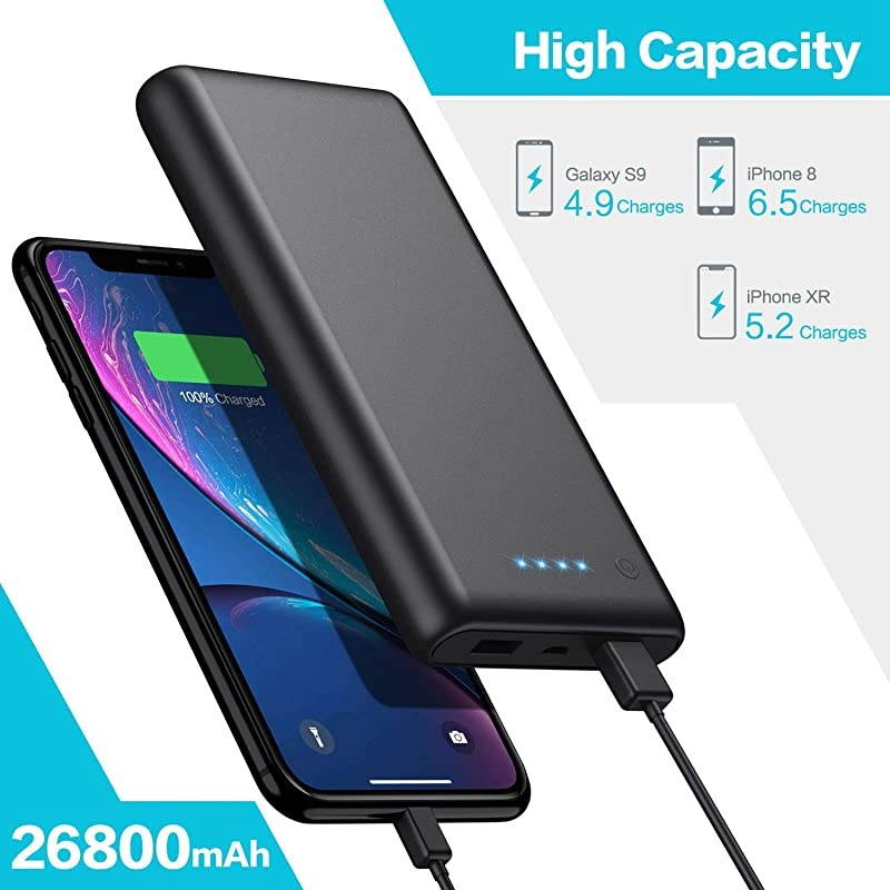 Charger 26800mAh?2020 Upgrade High Capacity?Power Bank Ultra Compact External Battery Pack Backup with 4 LED Lights,Dual USB Ports High-Speed Charging for Cell Phones, Tablet and More (Black)
