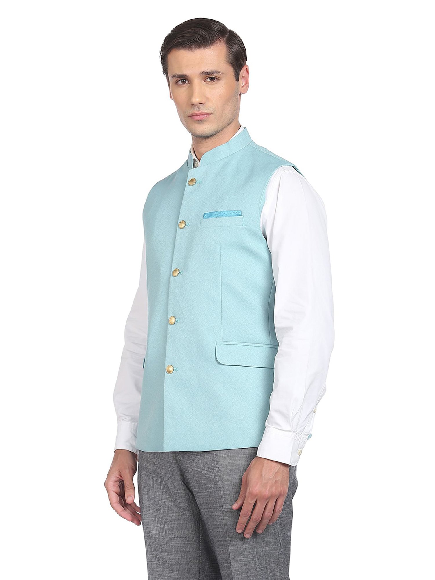 AD by Arvind Aqua Mandarin Collar Nehru Jacket