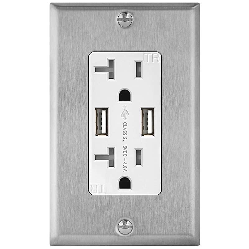 48A High Speed USB Outlet Charger with Stainless Steel Decorator Wall Plate 24W 20A TamperResistant Receptacle UL Listed TU22048AWWP7731 White
