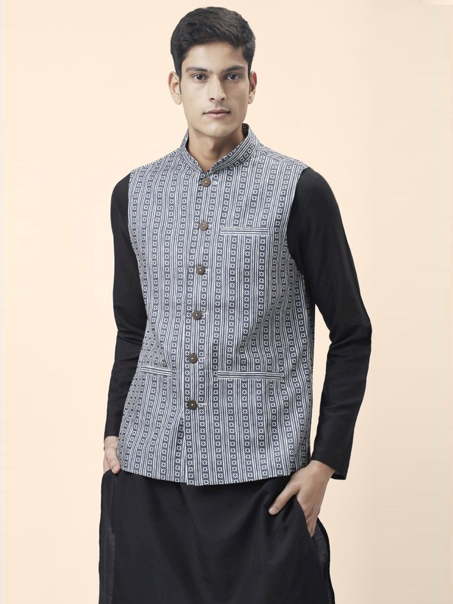 Indus Route By Pantaloons Blue Cotton Regular Fit Printed Nehru Jacket