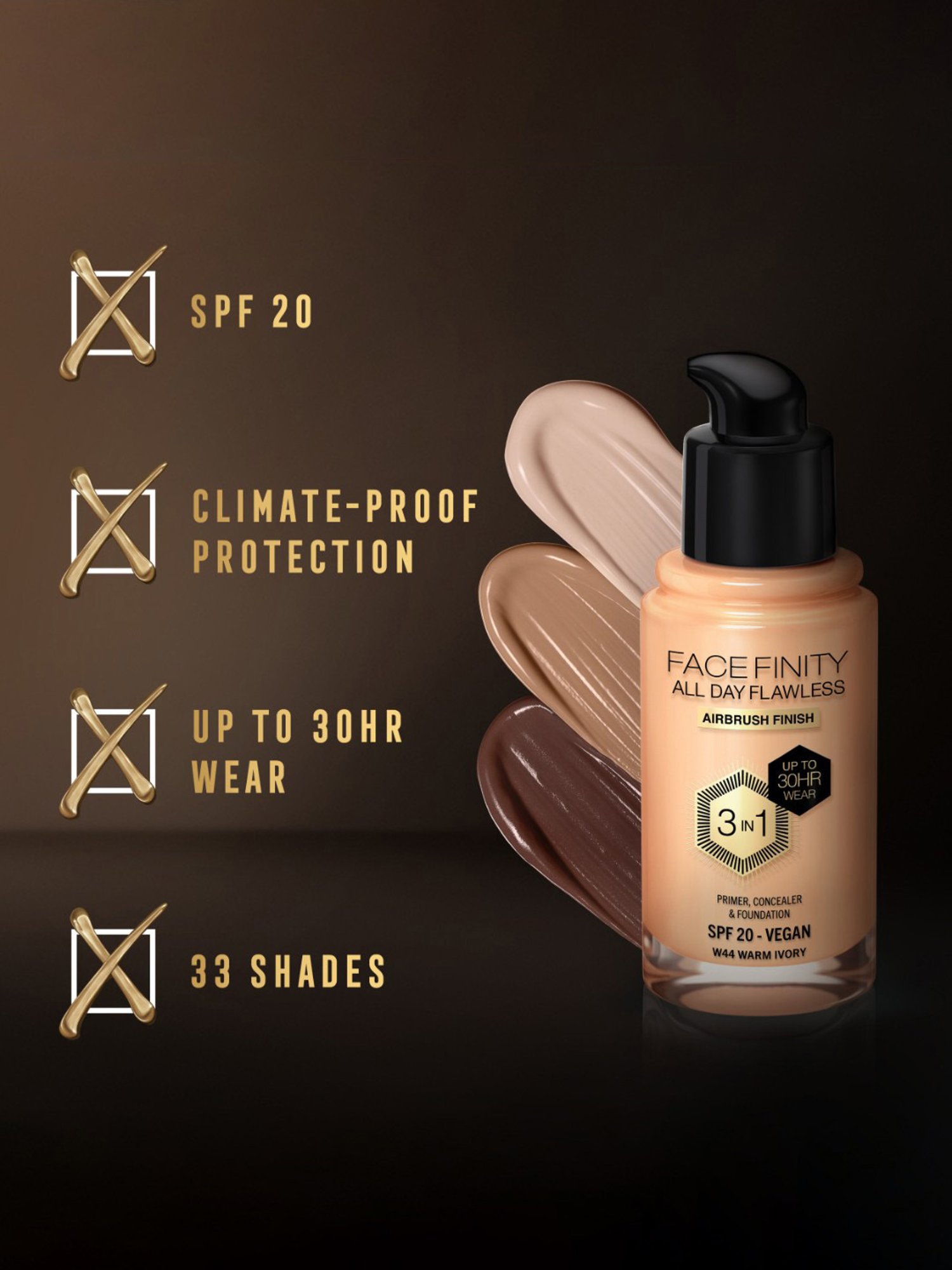 Max Factor Facefinity All Day Flawless 3 In 1 Foundation SPF 20 W44 Warm Ivory - 30 ml