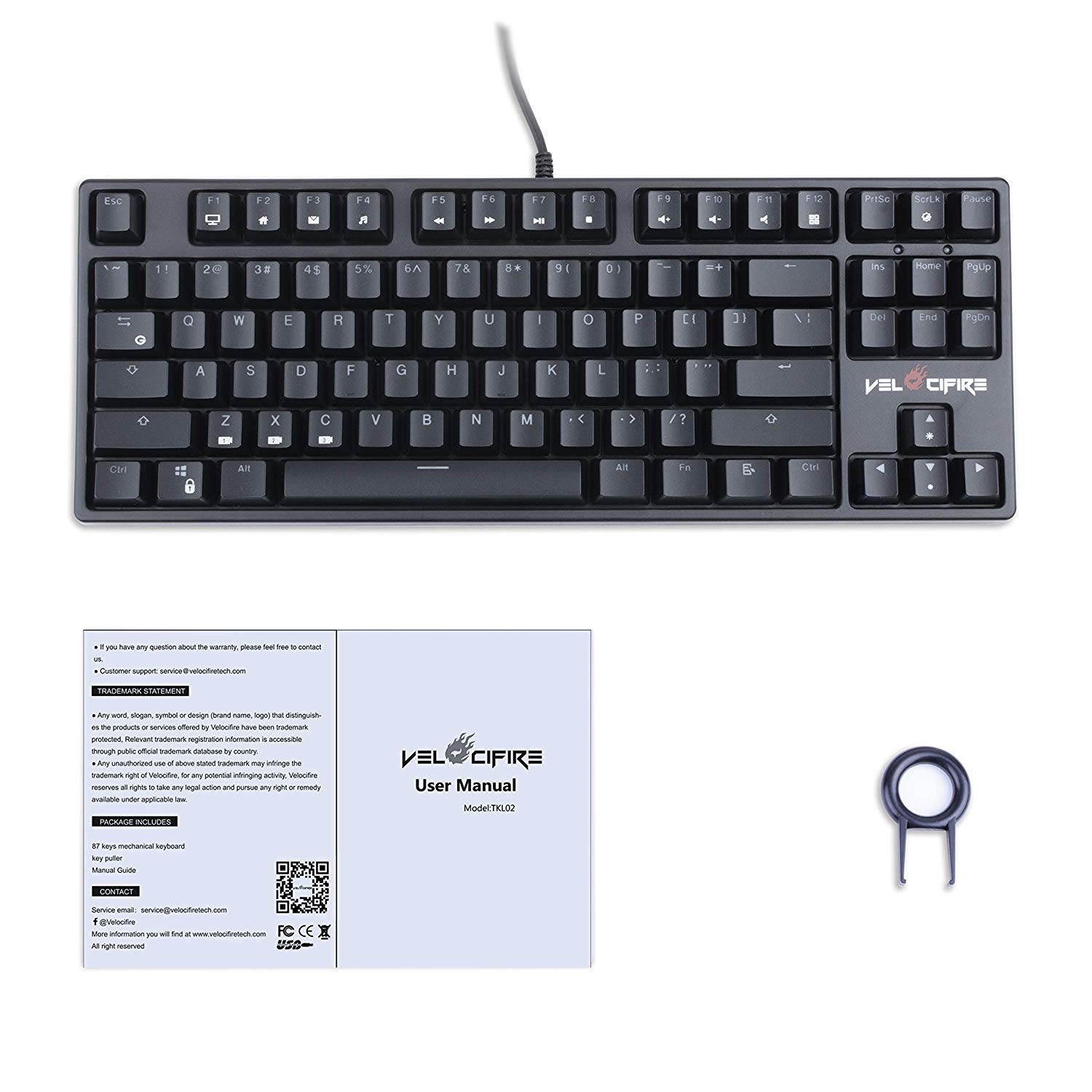 VELOCIFIRE TKL02 Wireless Plugable Mechanical Keyboard 87 Key Tenkeyless Ergonomic with Low Profile Quiet Brown Switches, and White LED Backlit for Copywriters, Typists, and Programmers