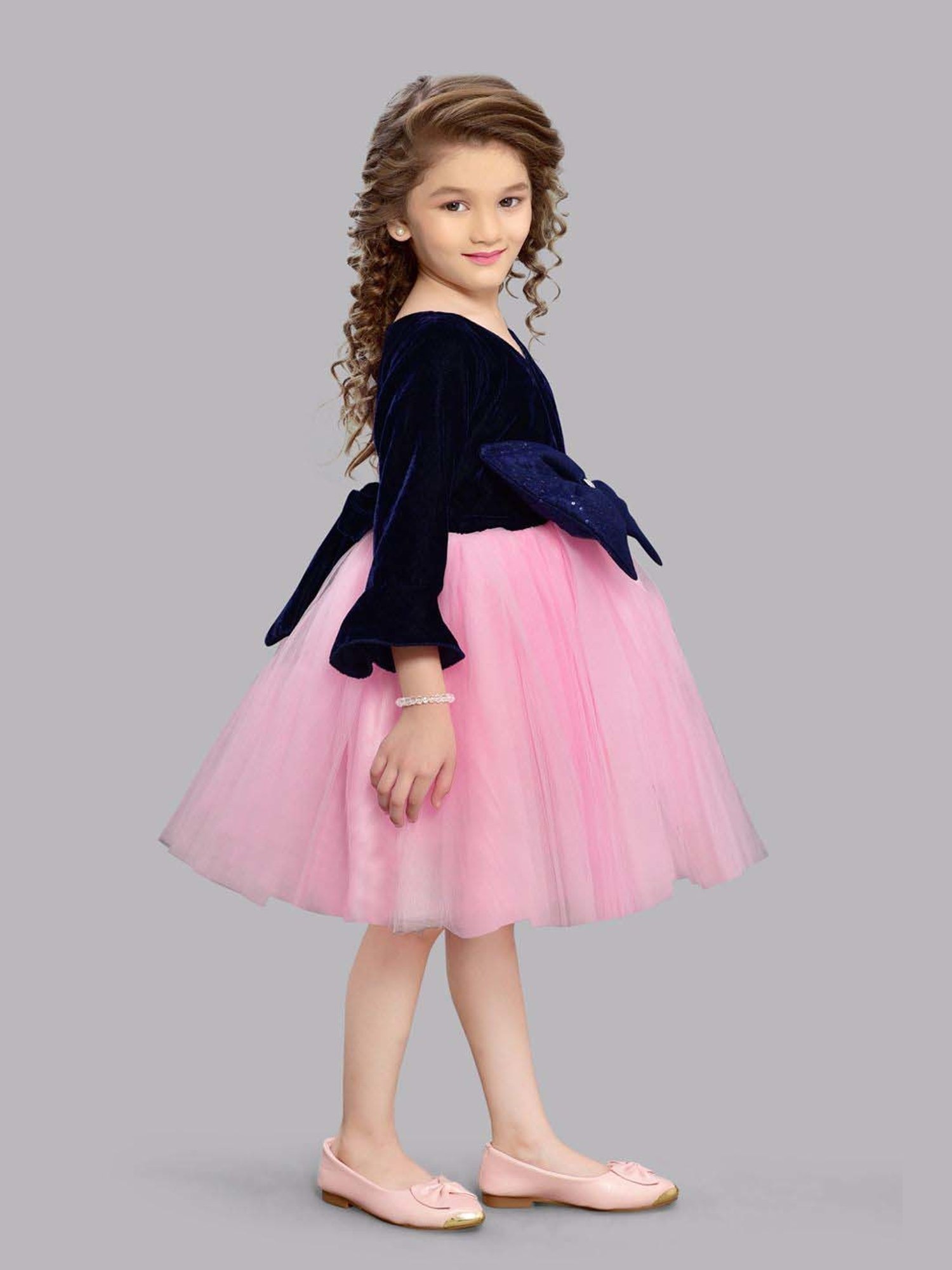 Pink Chick Kids Navy Color Block Full Sleeves Dress