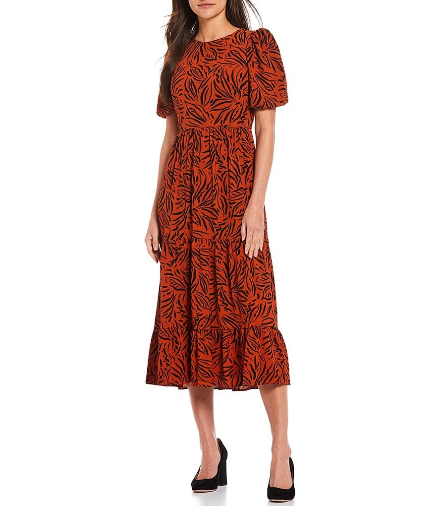 Eliza J Printed Tiered Midi Crew Neck Balloon Short Sleeve Dress