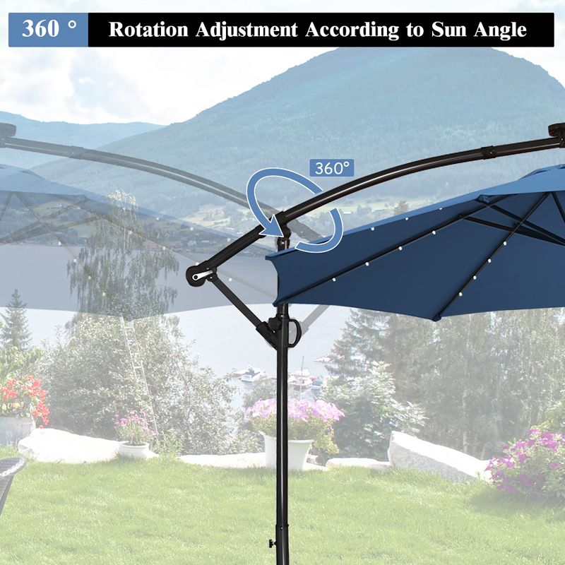 Costway 10FT Patio Offset Umbrella Solar Powered LED 360Degree Rotation Aluminum Blue