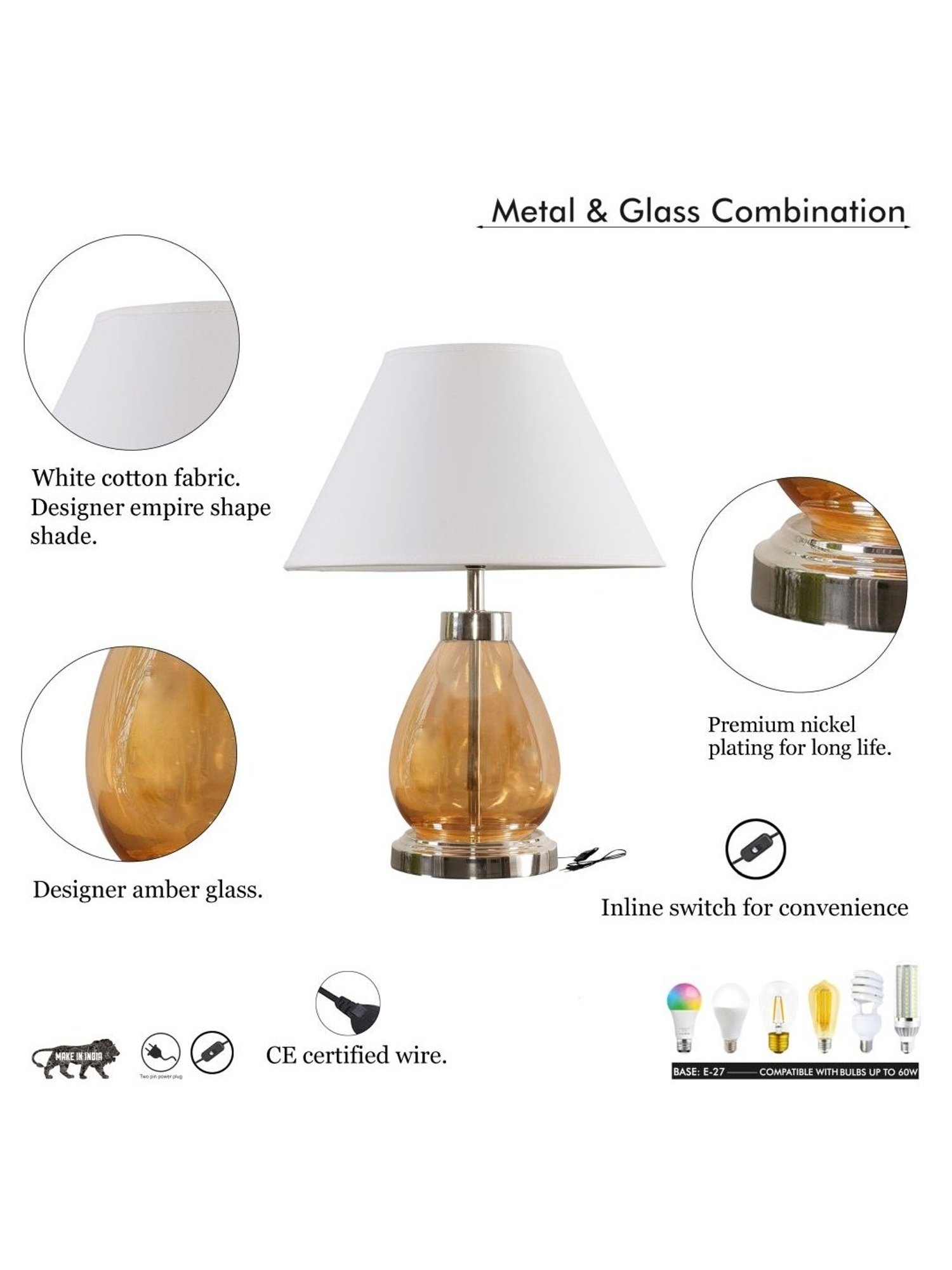 Kapoor Lamp Shades Amber & White Glass Fondi Finish Table Lamp