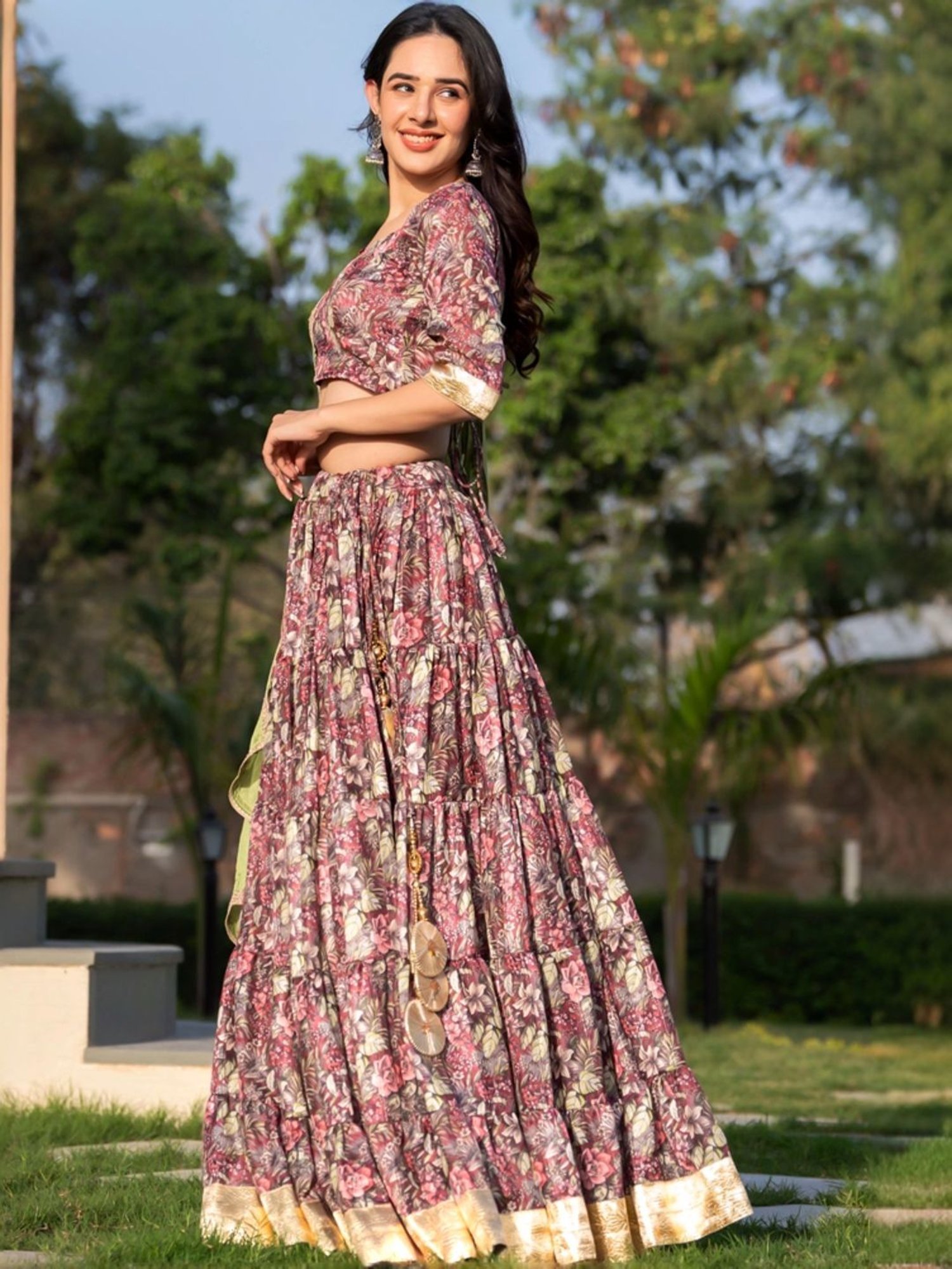 HOUSE OF JAMOTI Maroon Embellished Lehenga Choli Set With Dupatta