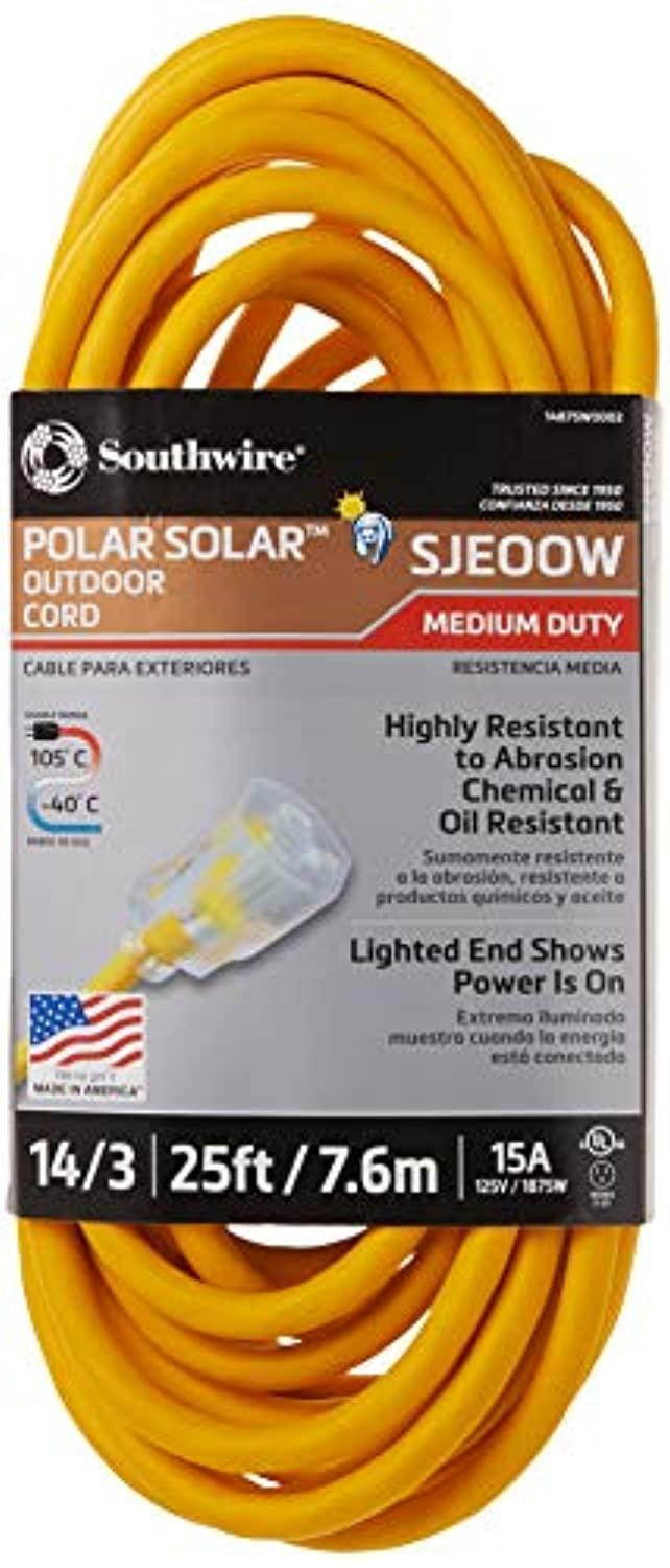 southwire 01487 25-foot 14/3 american made insulated outdoor extension cord with lighted end, 3-prong, yellow
