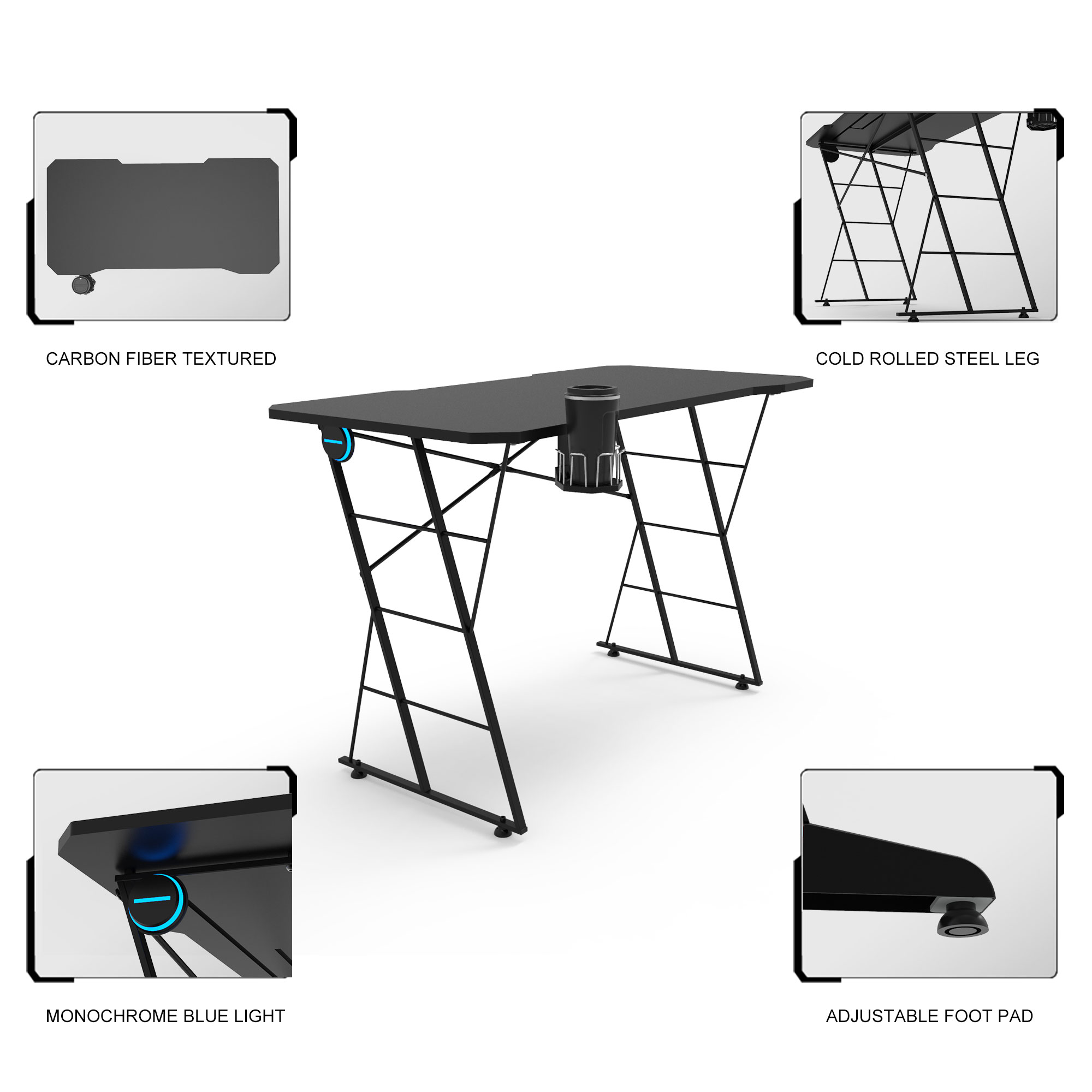 47.2'' Gaming Desk Ergonomic Home Office Desk Writing Table with Cup Holder and Adjustable Leg Pad