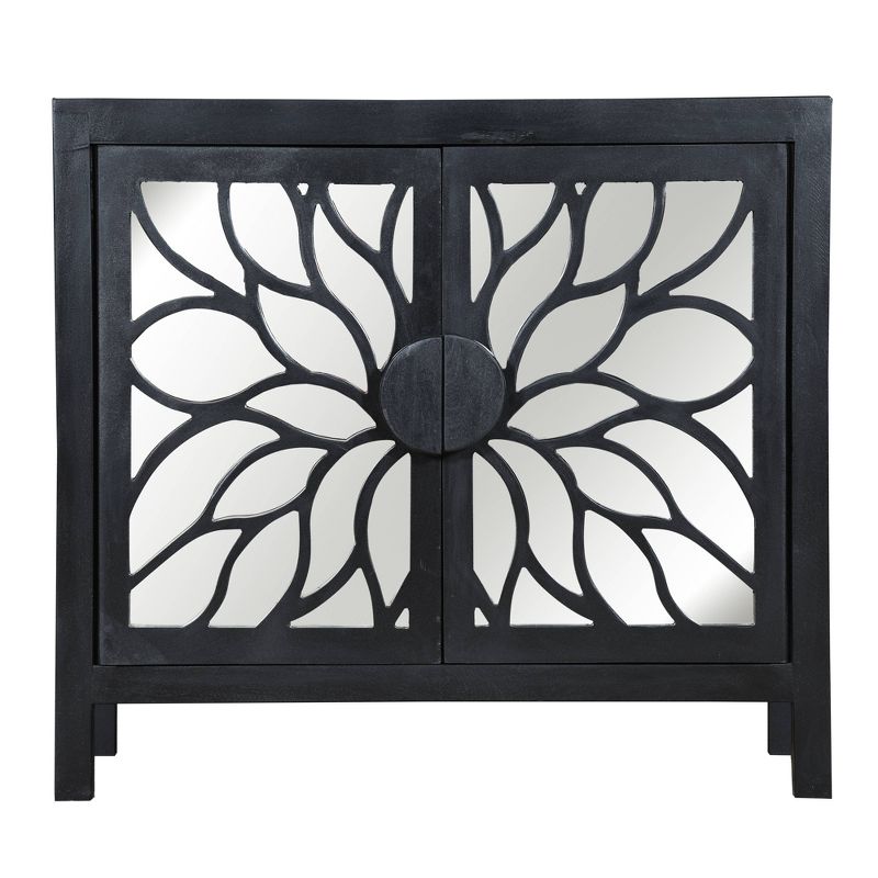 32" Rustic Accent Storage Cabinet with Flower Design Mirrored Front Black - The Urban Port