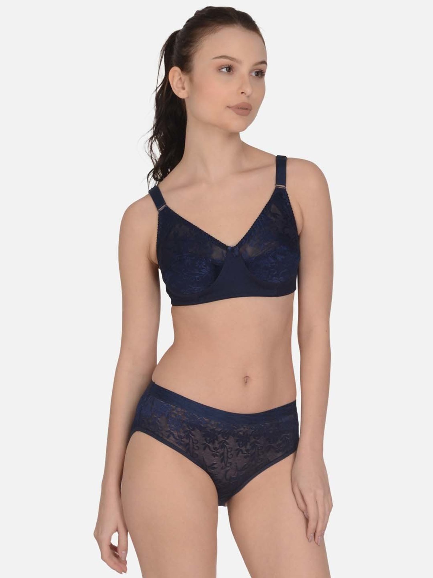 mod & shy Navy Self Pattern Non-Padded Lingerie Set