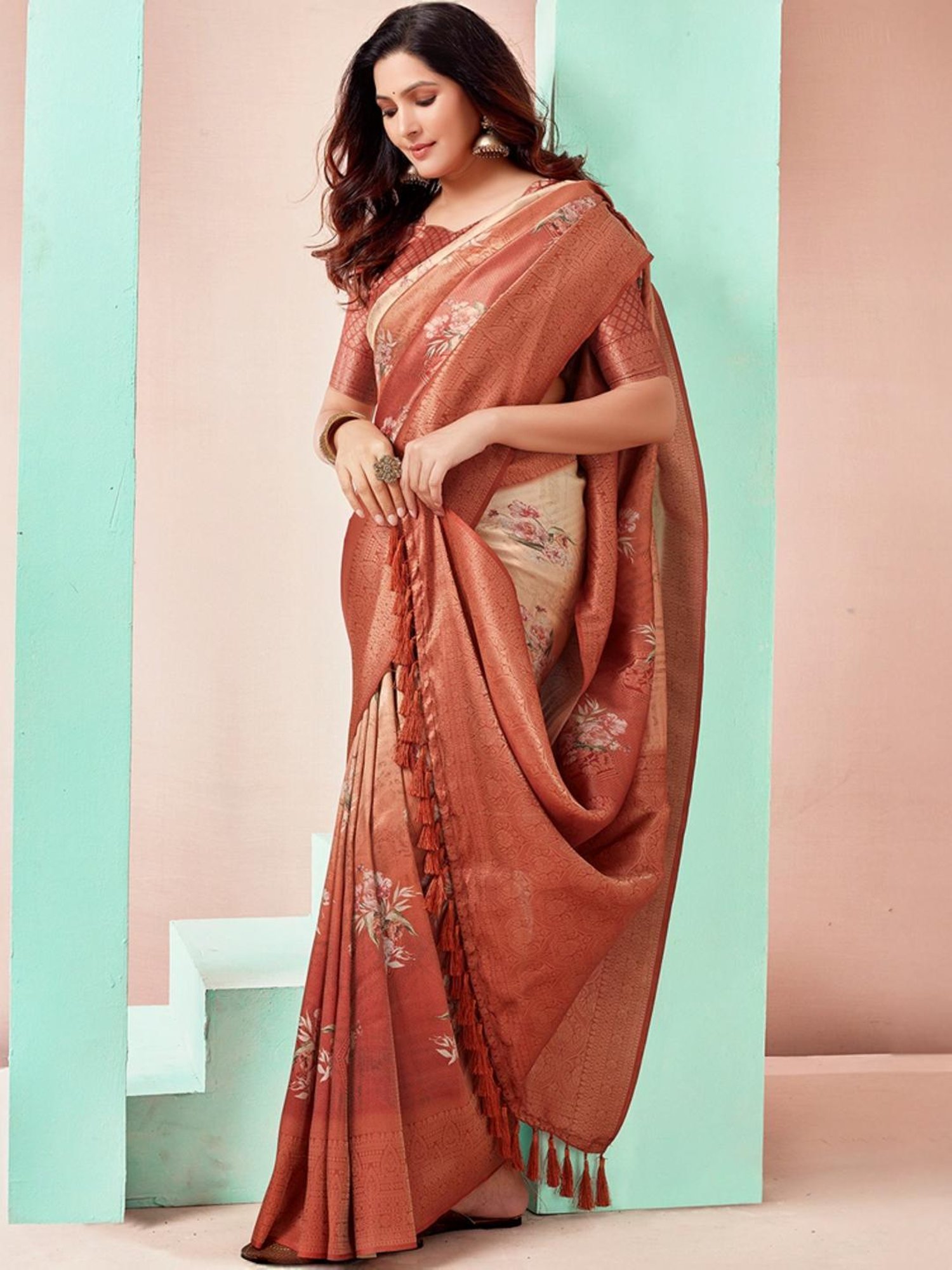 Satrani Beige & Rust Woven Saree With Unstitched Blouse
