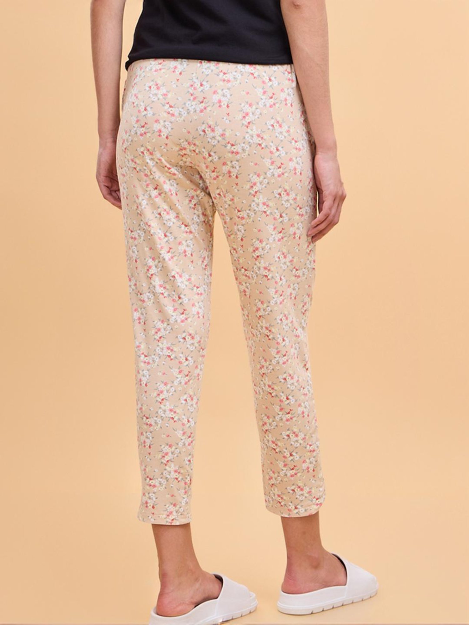 Enamor Beige Floral Print Lounge Track Pants