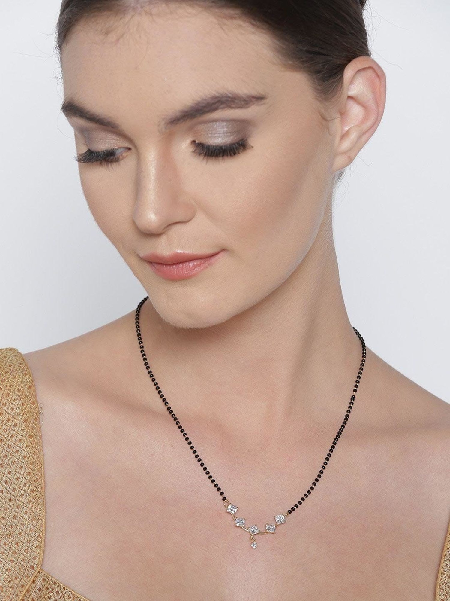 Abdesigns Gold-Plated American Diamond & Black Beaded Mangalsutra