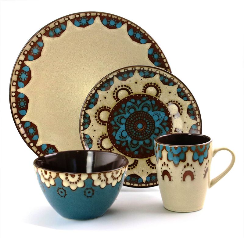 16pc Stoneware Earth and Water Dinnerware Set Blue/Taupe - Elama