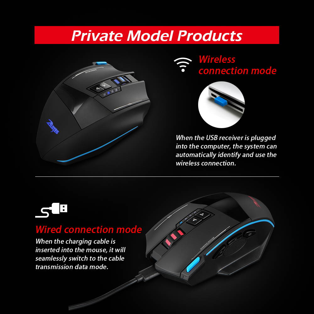 LUOM F-15 Wired/Wireless Gaming Mouse Rechargeable  Optical Mice RGB LED Lights, 9 Buttons Programmable 1000-1600-2400-3200-4800DPI with Fire Button (Black)