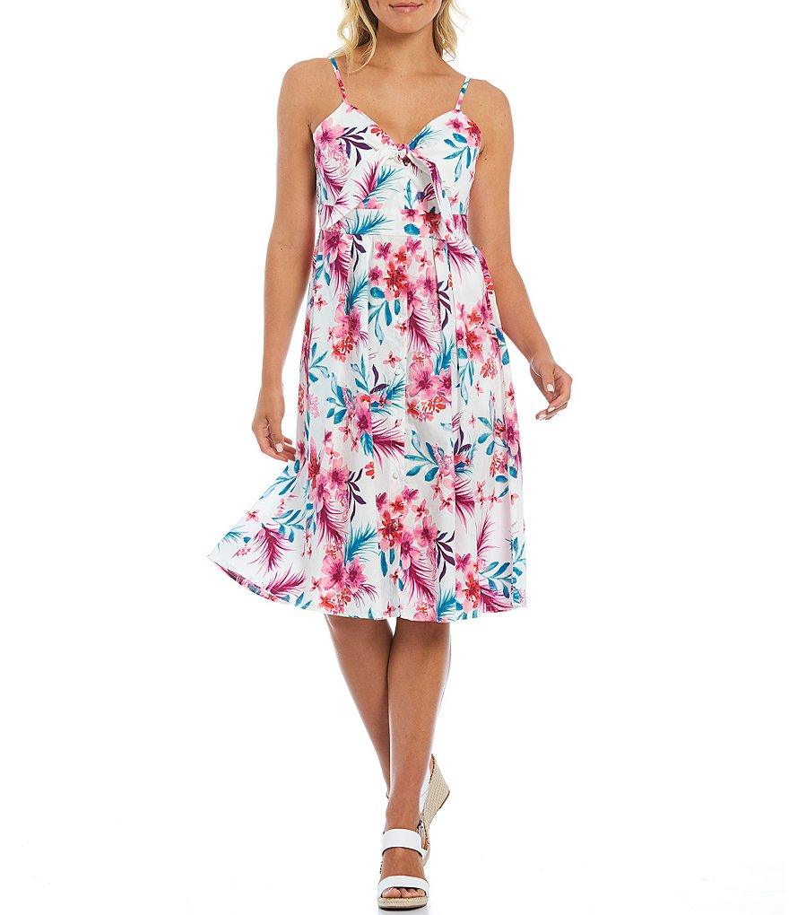 Kensie Spaghetti Strap Tie Front Printed Floral Cotton Dress