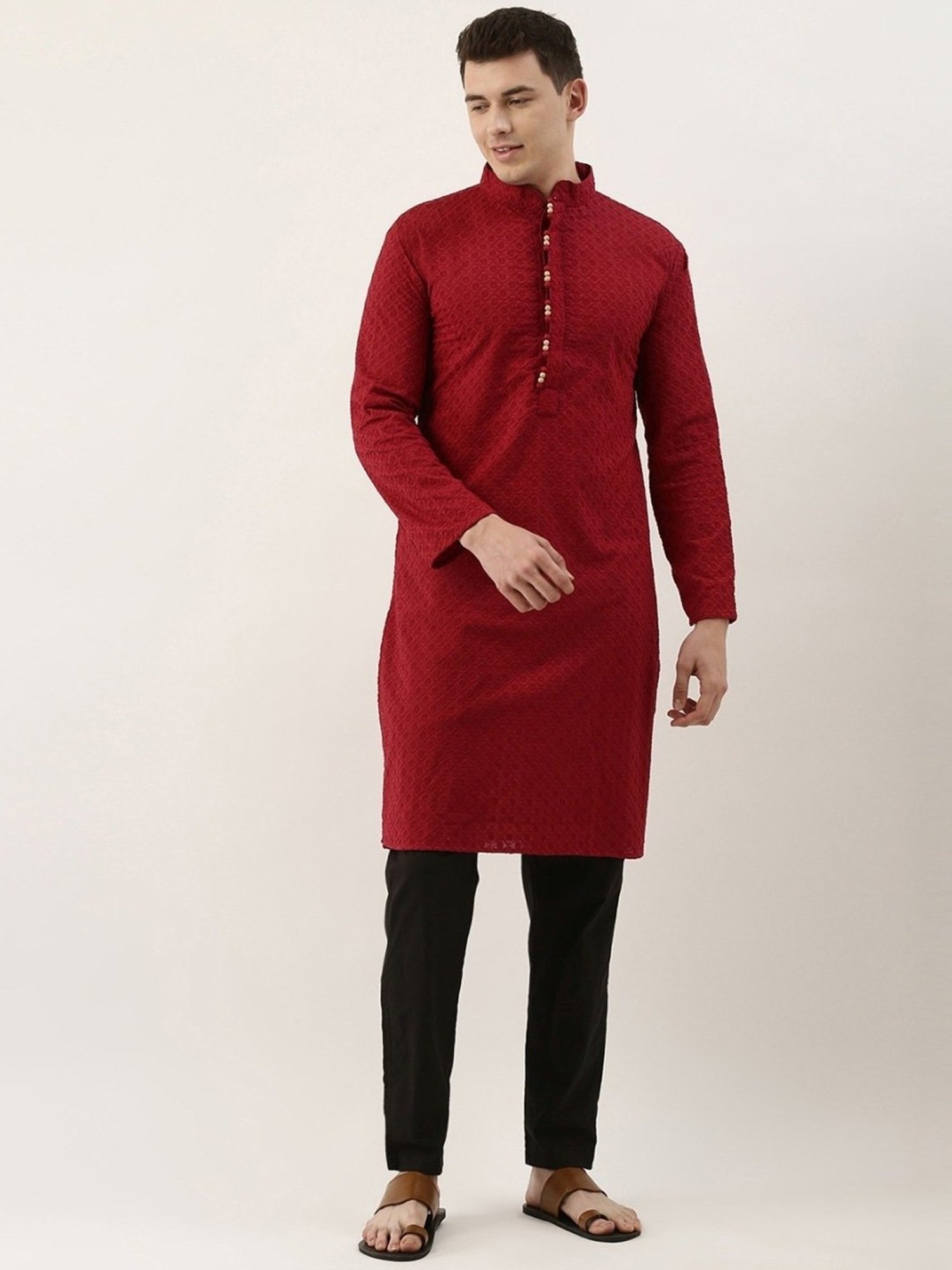 SWAGG INDIA Maroon Cotton Regular Fit Embroidered Kurta