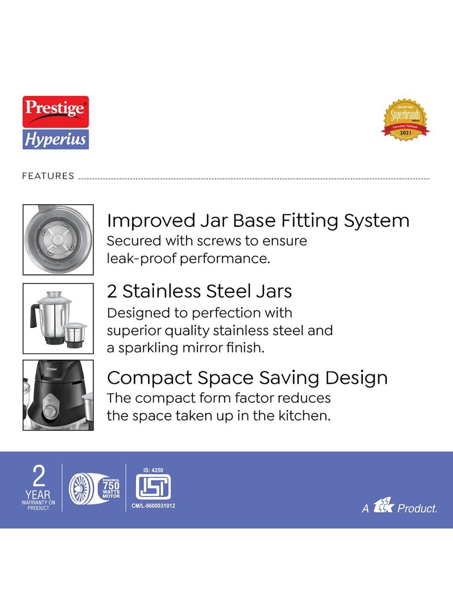 Prestige Hyperius Black 750W Mixer Grinder with 3 Stainless Steel Jars