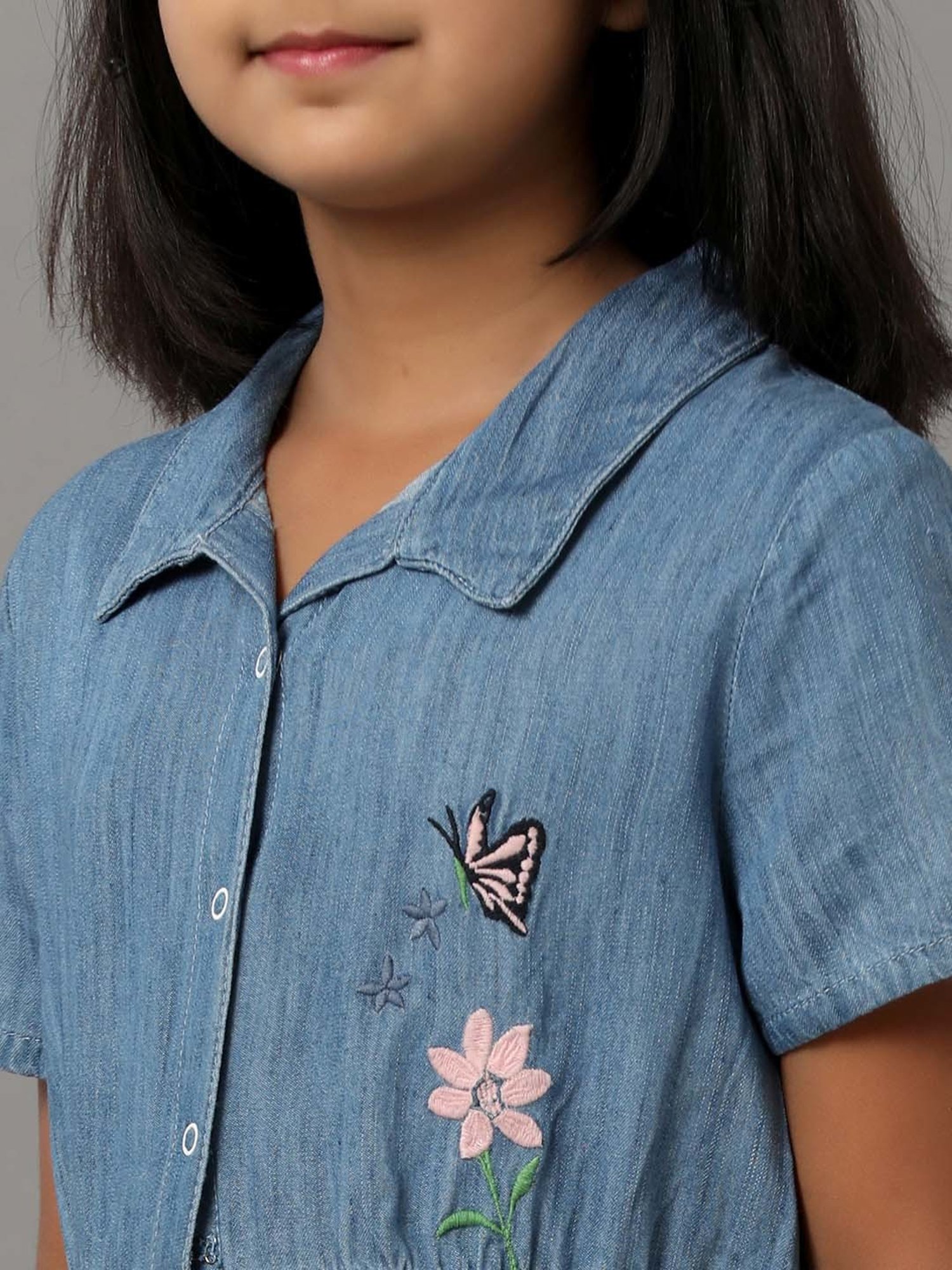 Under Fourteen Only Kids Blue Cotton Embroidered Dress