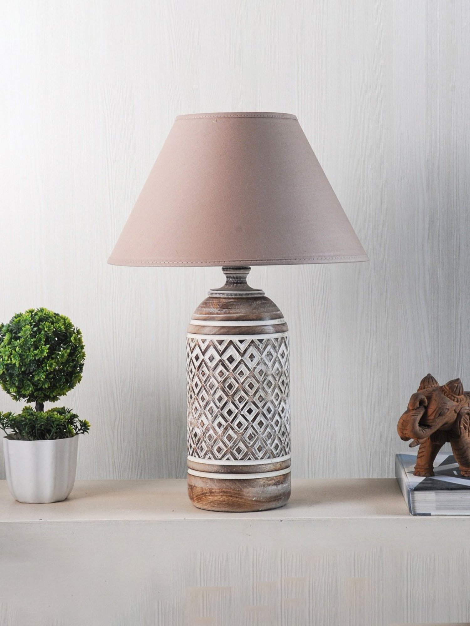 Kapoor E Illuminations Elvis White & Brown Wooden Table Lamp - Set of 1