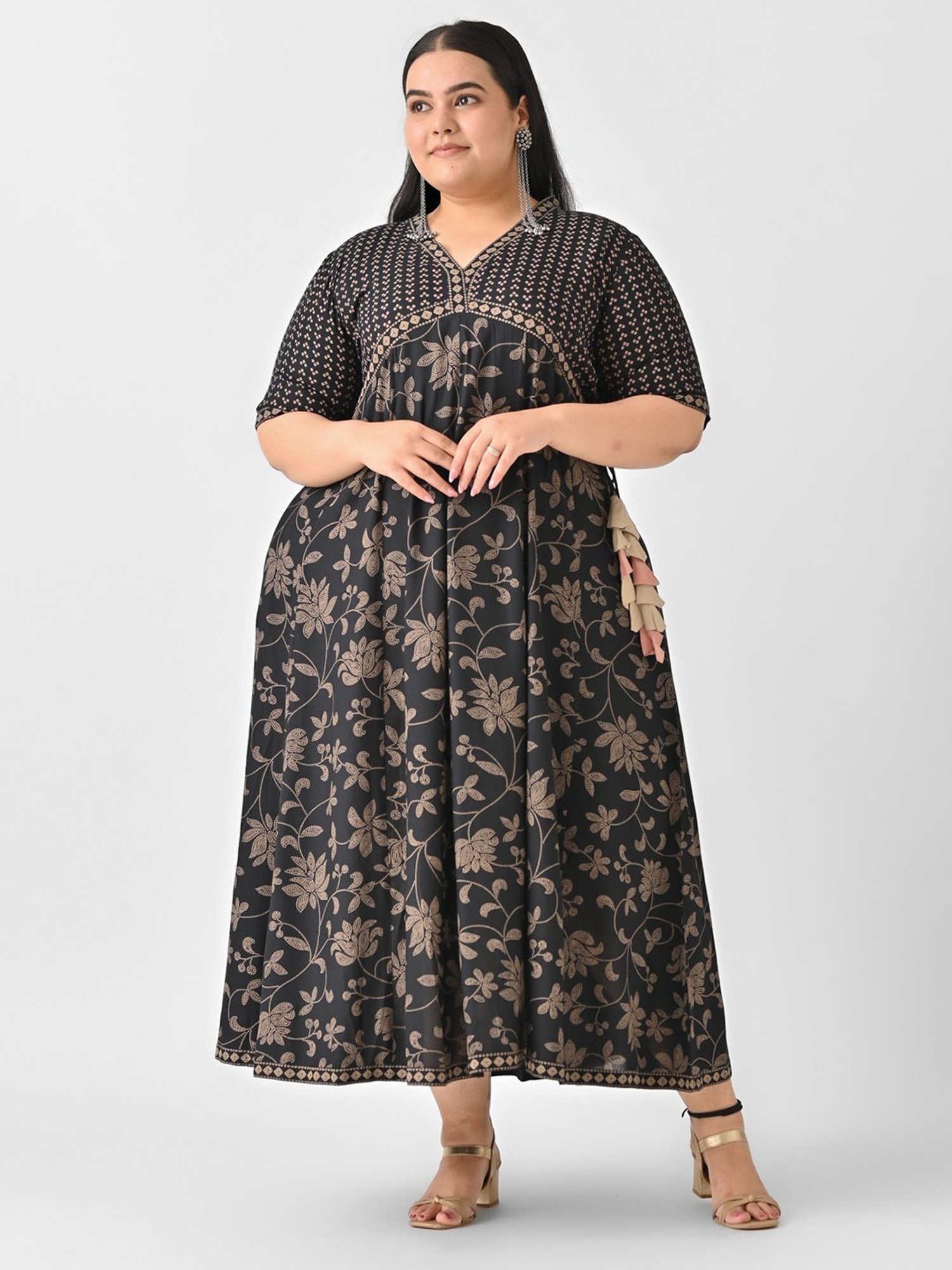 Rustorange Black Floral Print Ethnic Dress