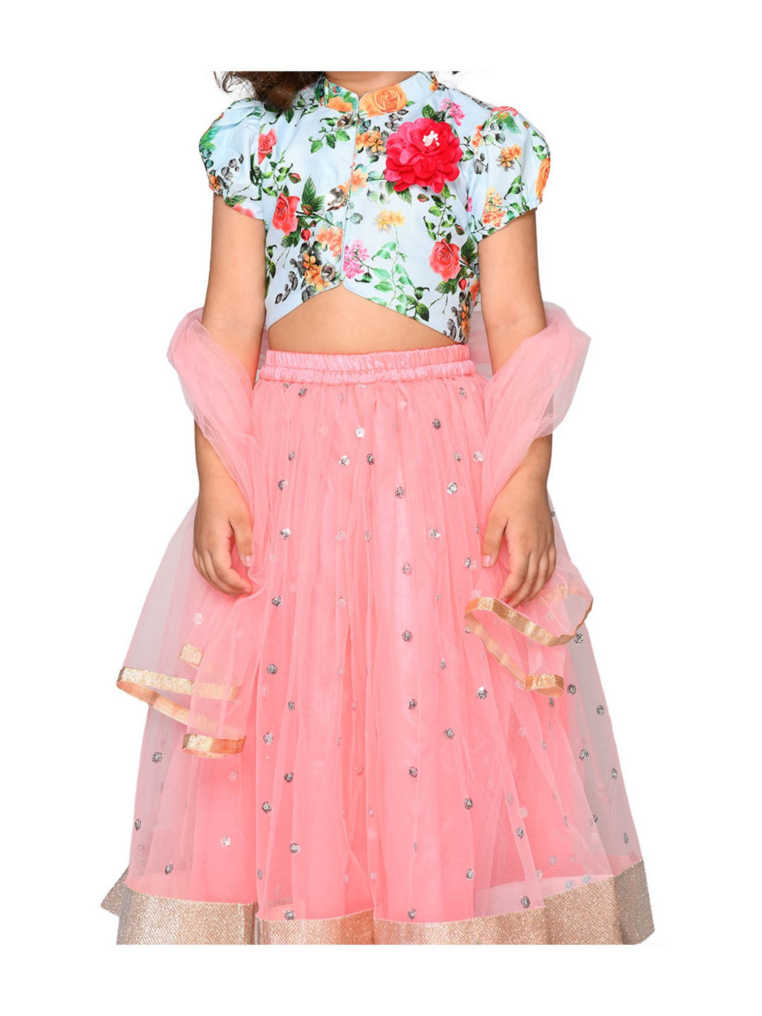 Saka Designs Kids Sky Blue & Pink Floral Print Lehenga with Choli & Dupatta
