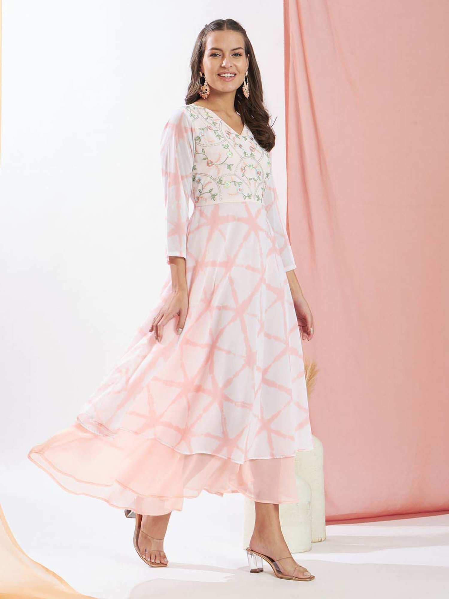 Heeposh Peach Printed Dress With Dupatta