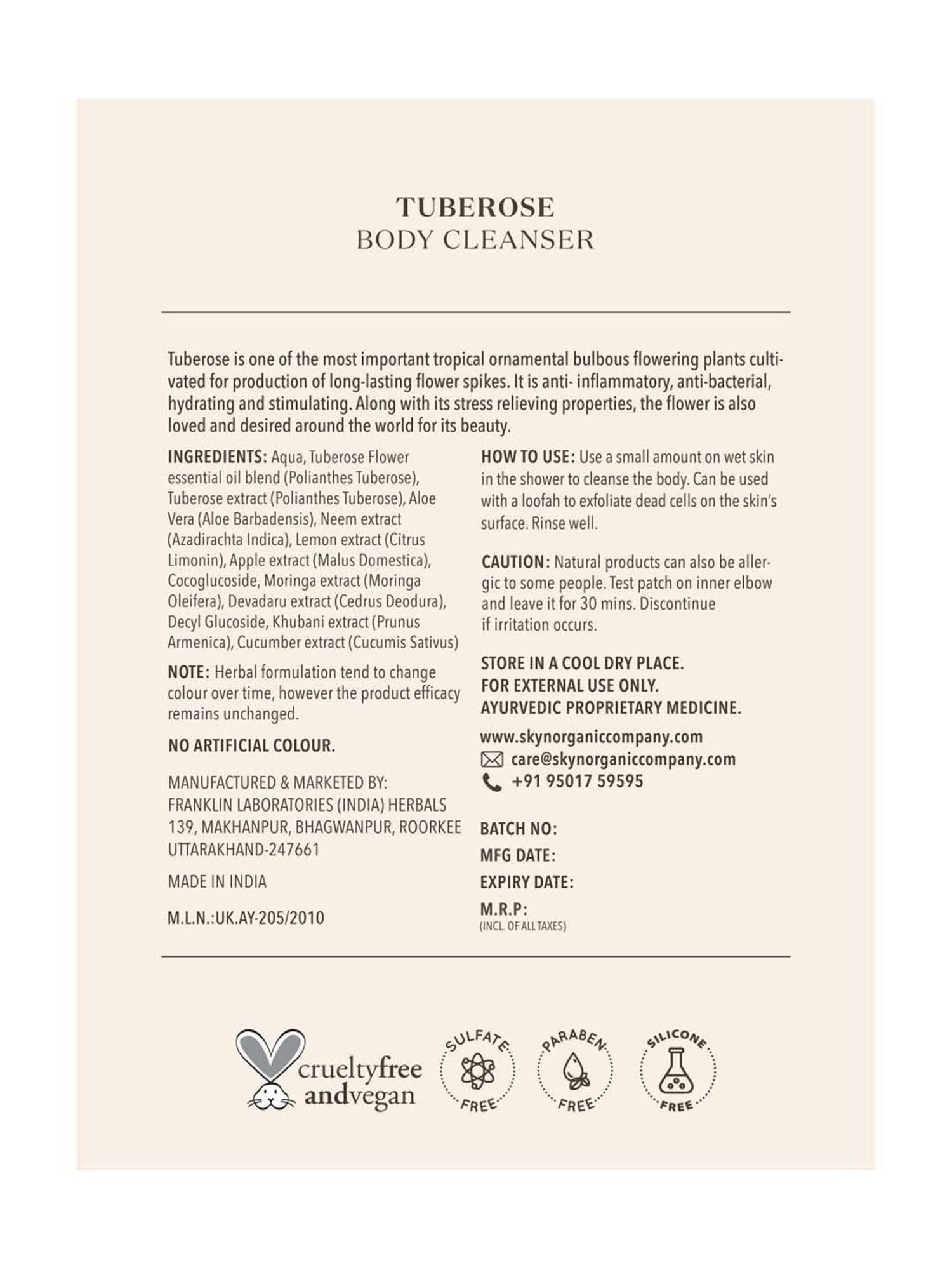 SKYN ORGANIC CO Tuberose Body Cleanser - 200 ml