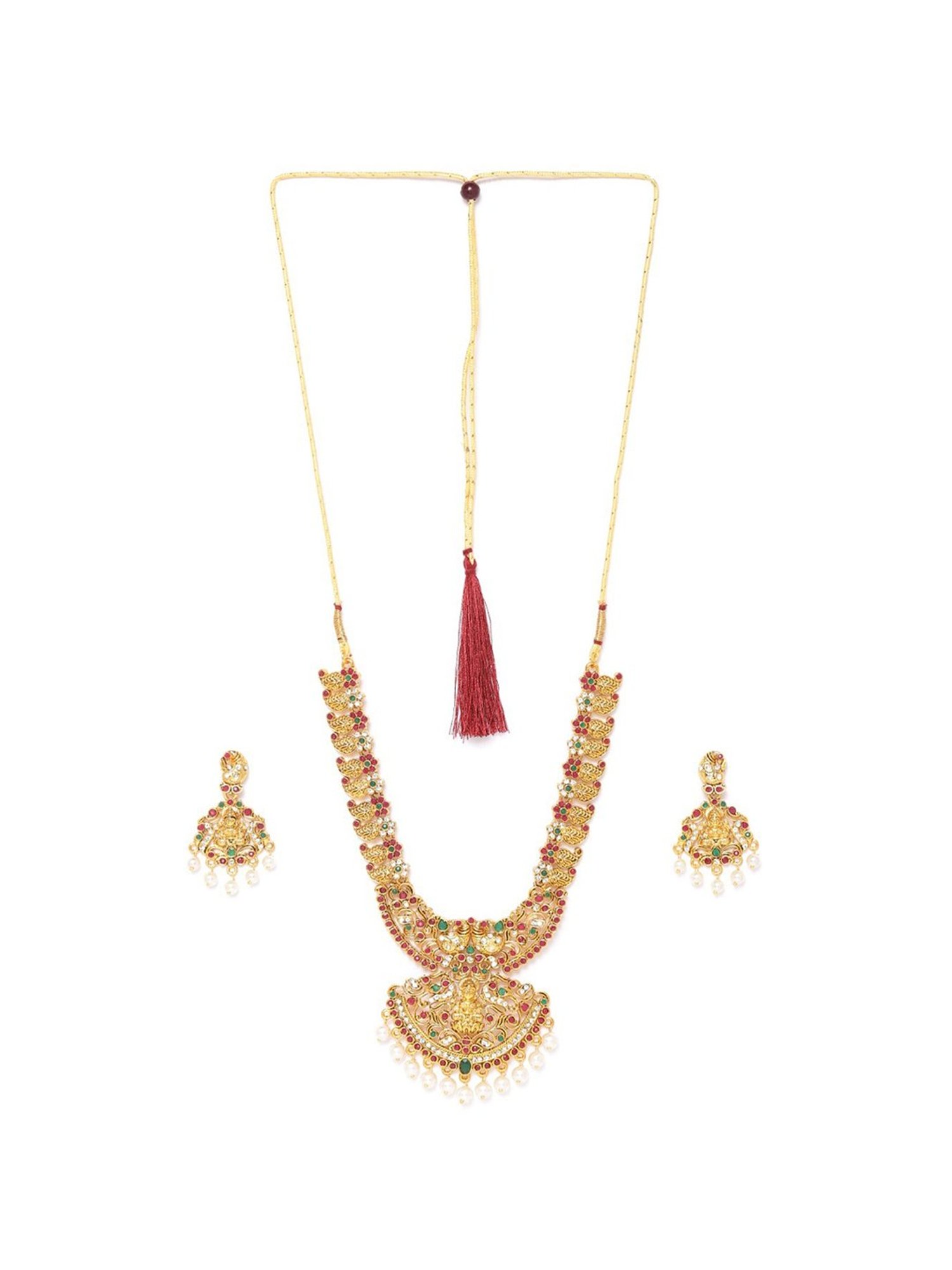 Zaveri Pearls Pink & Green Stones Goddess Laxmi Temple & Peacock Necklace & Earring Set-ZPFK9550
