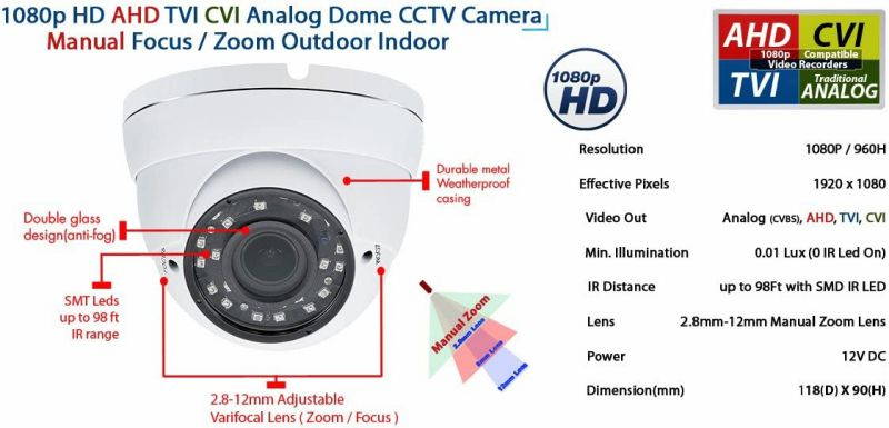 Evertech 1080P Dome Security Camera (Hybrid 4-in-1 HD-Cvi/Tvi/Ahd/960H Analog Cvbs), Day Night Weatherproof Indoor/Outdoor Dome Camera HD, Night Vision Up to 98Ft - Pack of 4