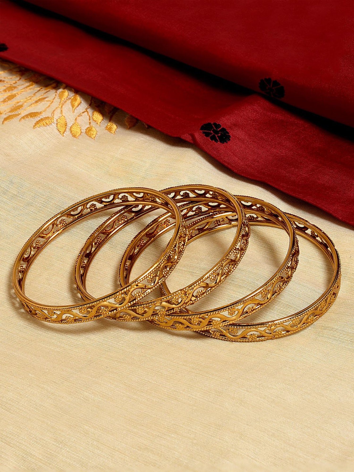 Fida Gold-Plated Antique Floral Bangles for Women - Set of 4