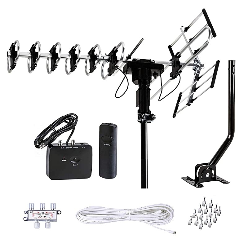 Outdoor HD TV Antenna 2019 Newest Model Up To 200 Miles Range with Motorized 360 Degree Rotation, UHF/VHF/FM Radio with Infrared Remote Control Advanced Design With Installation Kit and Jpole