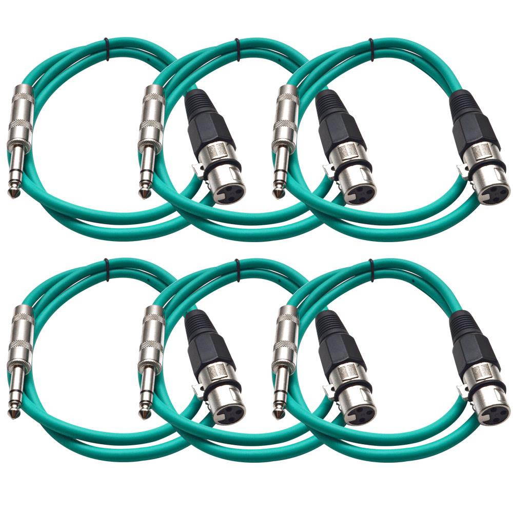 Seismic Audio - 6 Pack of Green 3 foot XLR Female to TRS Male Patch Cables - Snake Microphone Cord