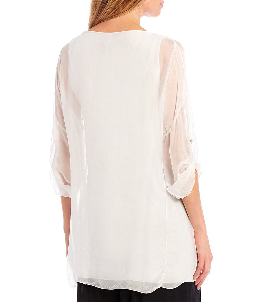 M Made in Italy Elbow Sleeve Silk Blend Layered Scoop Neck Top