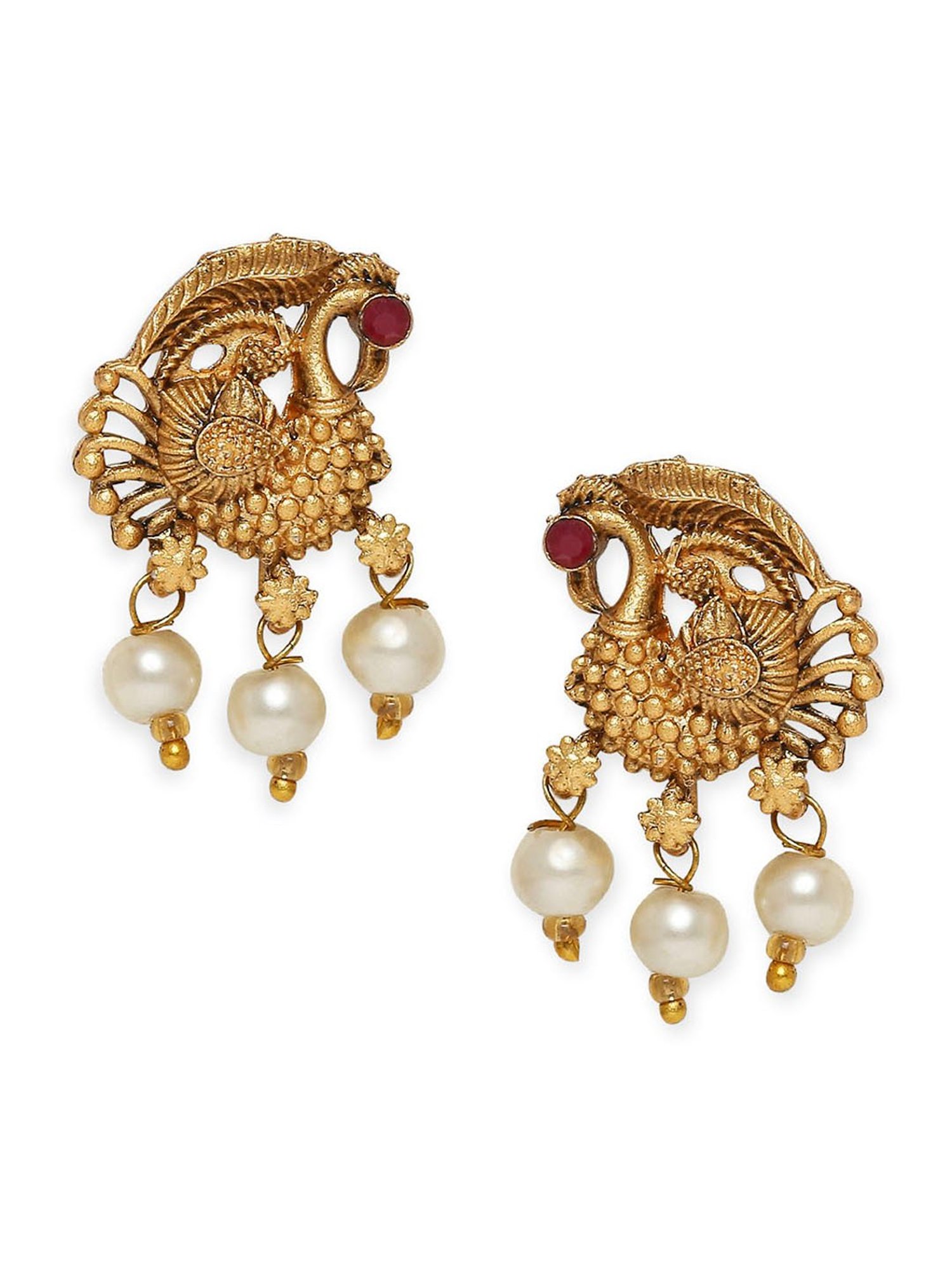 OOMPH Antique Gold Tone Red & Green Stone Peacock Design Necklace Set with Drop Earrings