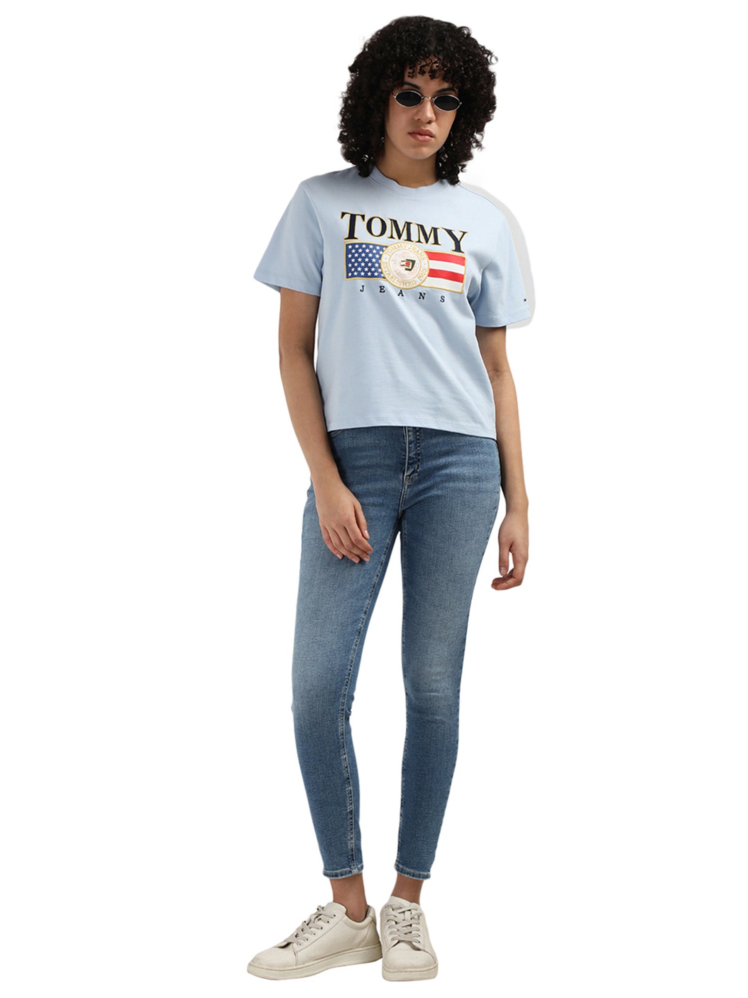 Tommy Hilfiger Blue Pure Cotton Printed Women Regular Fit T-Shirt