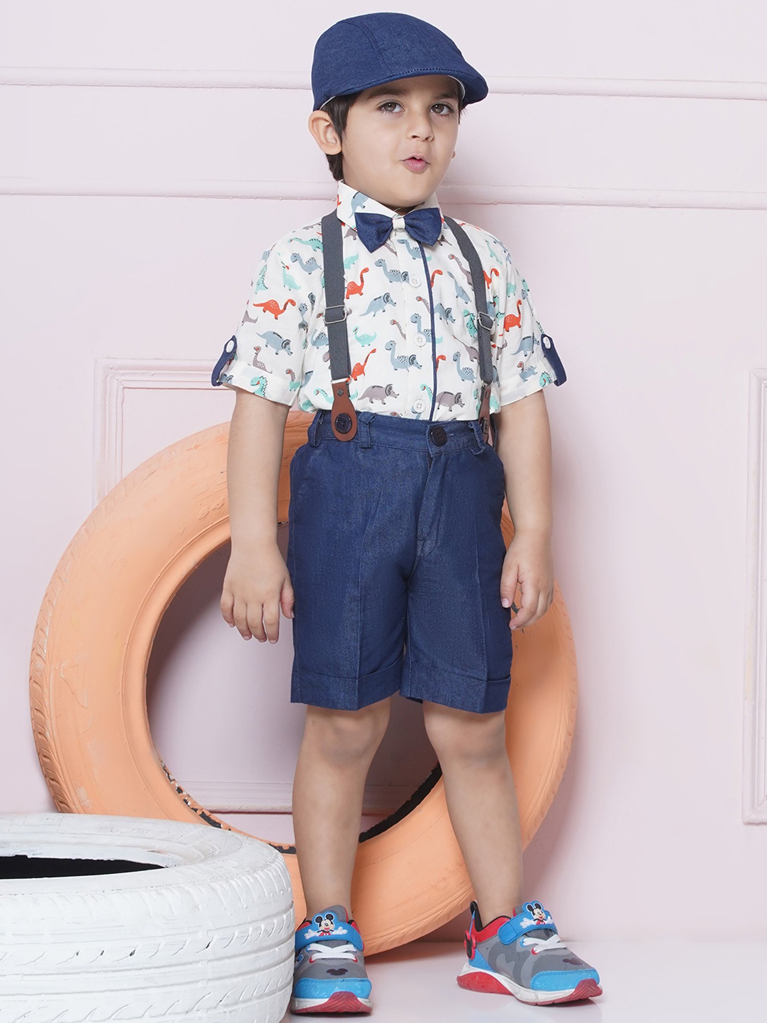 AJ Dezines Kids Orange & Navy Printed Shirt, Shorts, Suspender, Bow with Cap