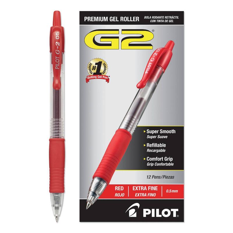 Pilot G-2 Gel Ink Pen, 0.5mm Extra Fine - Red Ink (12 Per Set)