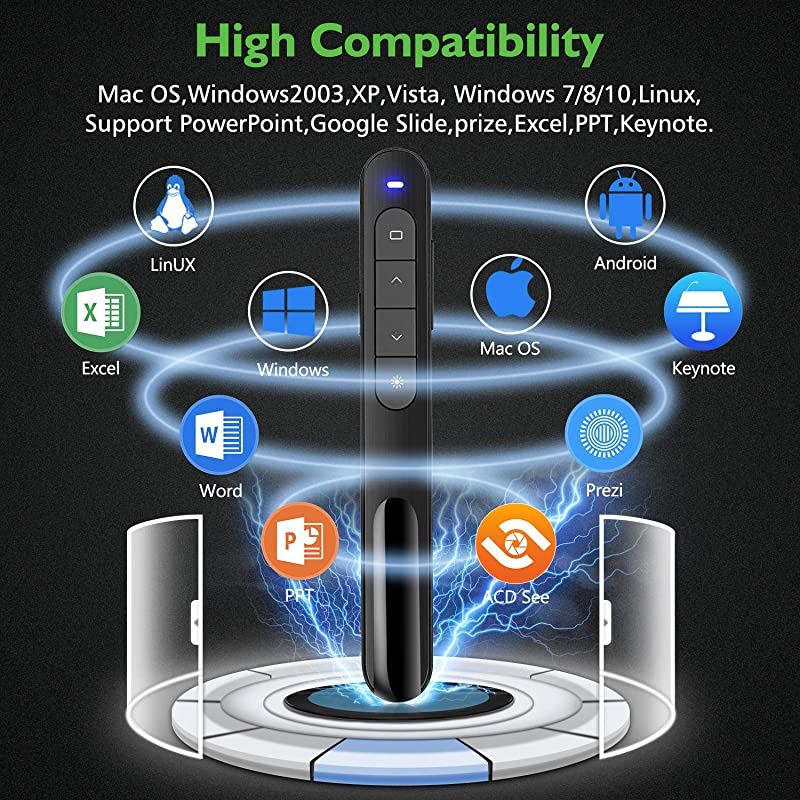Wireless Presenter Green Light Rechargeable Presentation Remote Powerpoint Clicker with Laser Pointer PPT Slides Clicker Support Hyperlink RF 24GHz