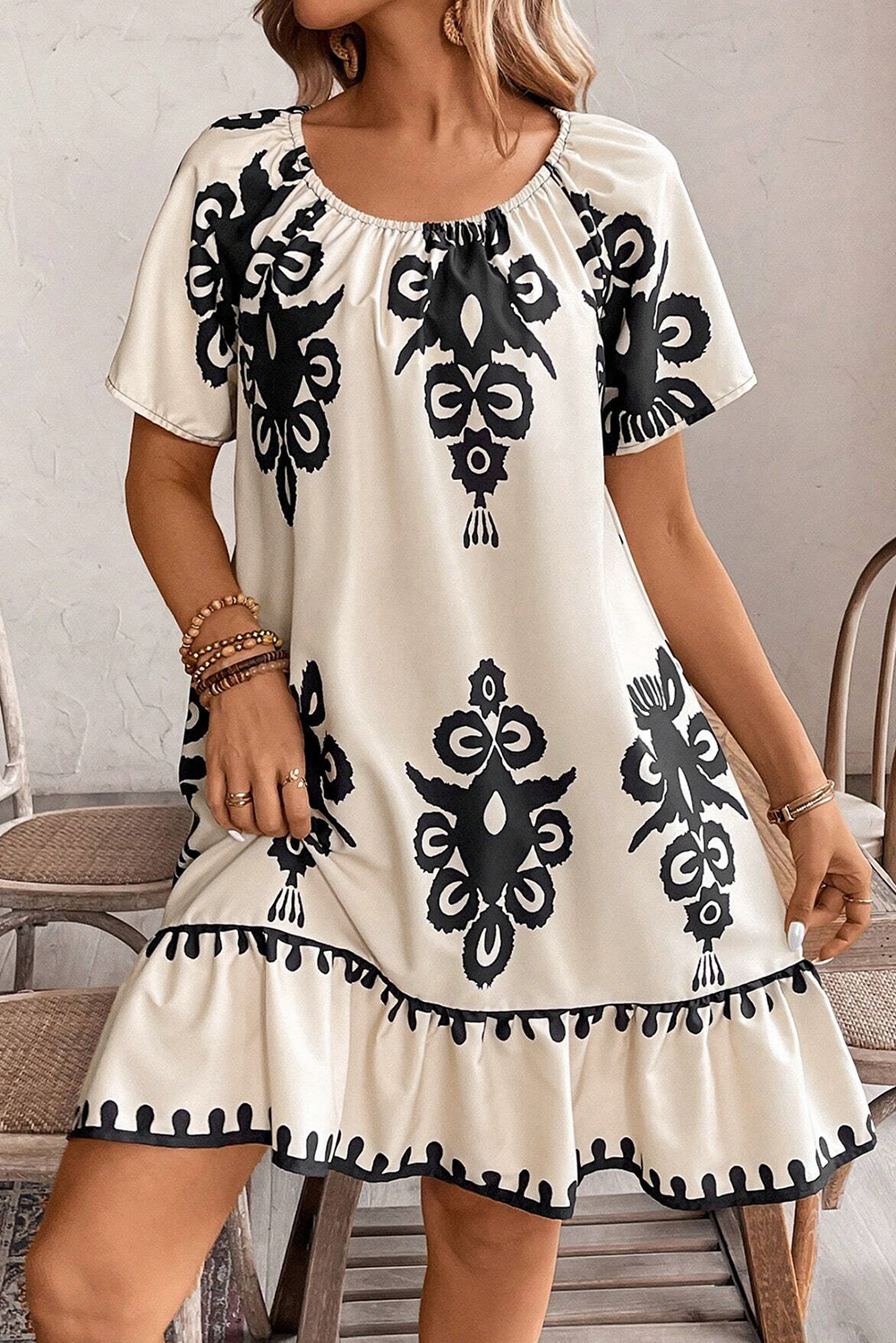 White Frill Mock Neck Sleeveless Tiered Floral Dress