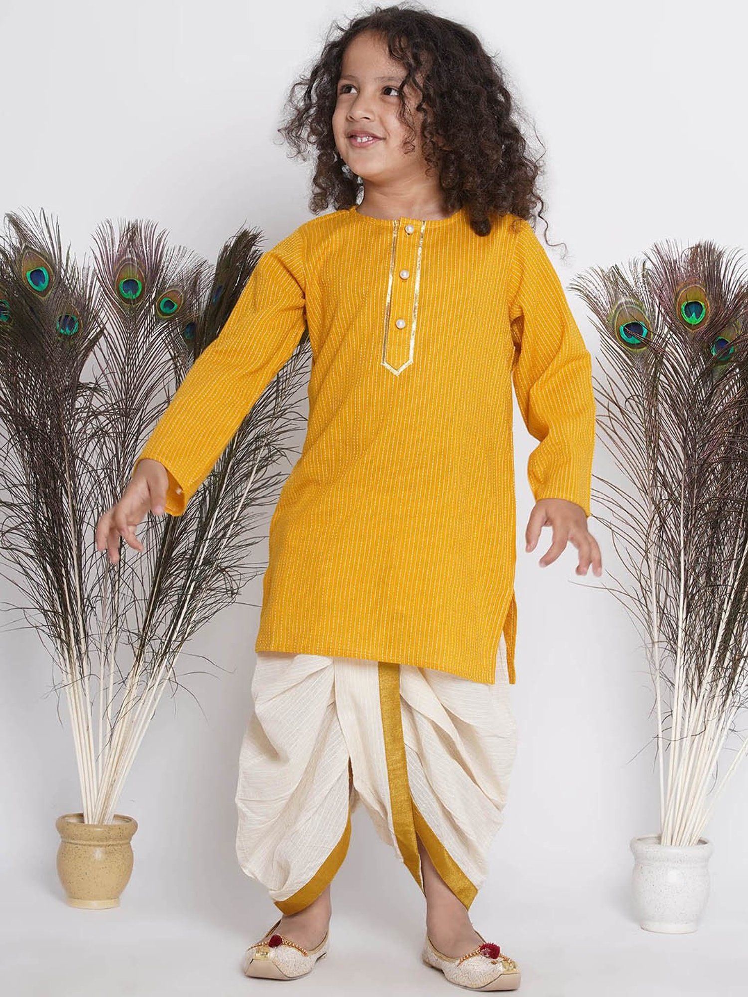 Little Bansi Kids Yellow & Cream Embroidered Full Sleeves Kurta, Jacket with Dhoti