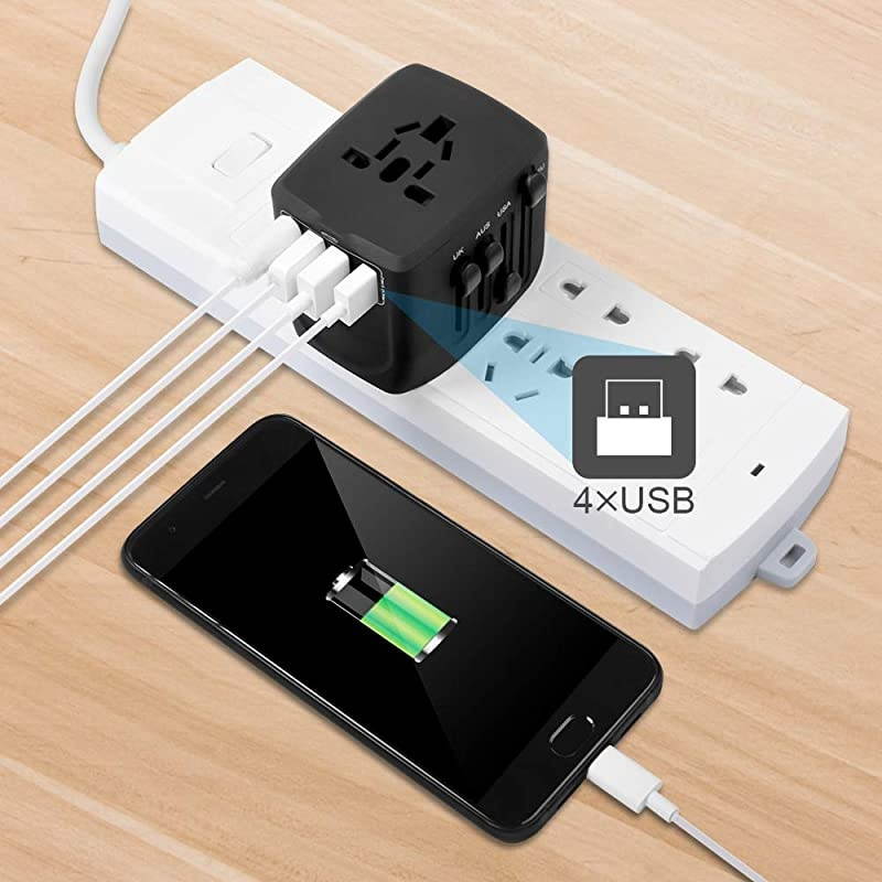 Adapter, 2400W International Power Adapter, Universal Adapter with 4 USB Ports, Perfect for UK, EU, AU, US, Over 150 Countries (Black)
