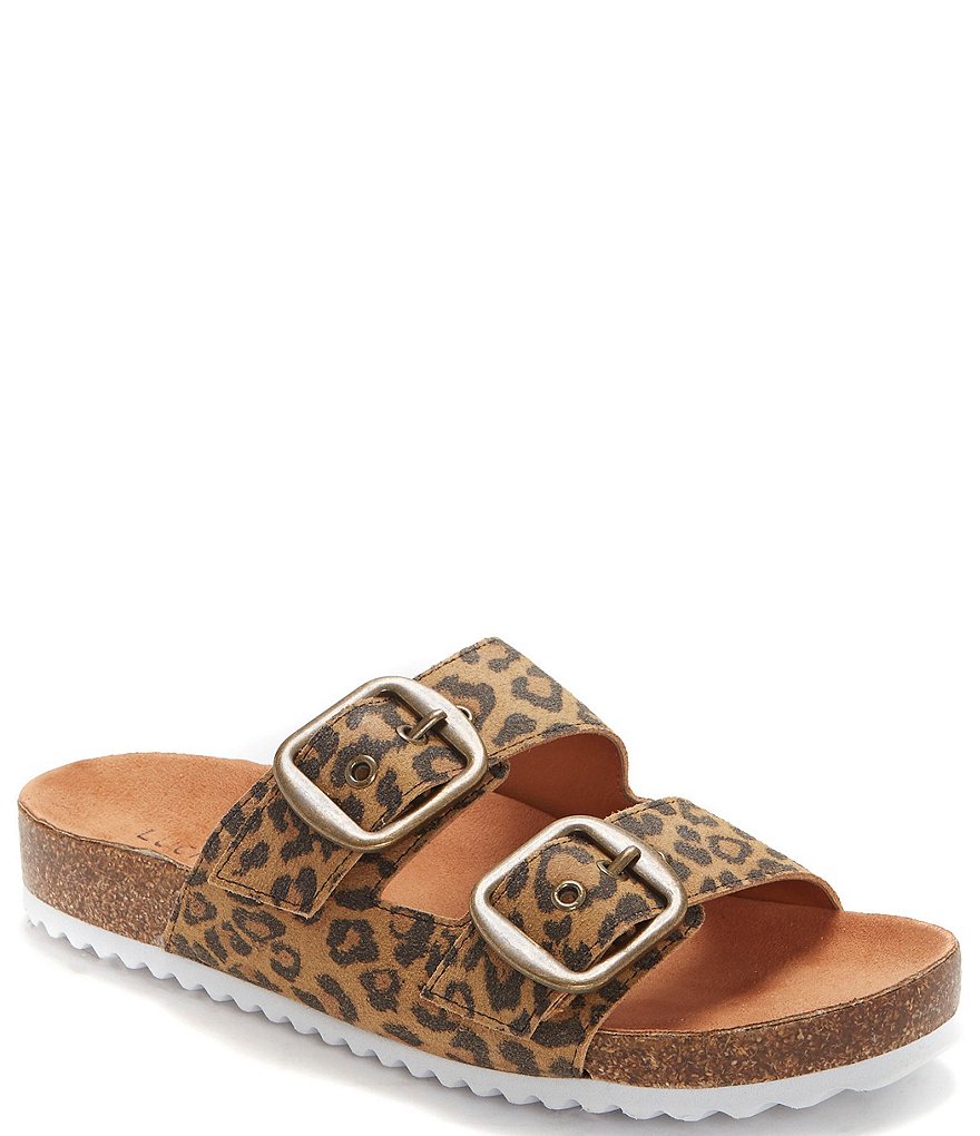 Lucky Brand Mella Leopard Print Leather Double Strap Footbed Slides
