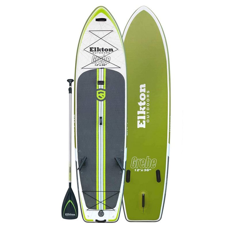 Elkton Outdoors 12 Foot Inflatable Paddle Board Package Kit w/ Fishing Rod Holder, Accessory Mount, and Travel Storage Paddleboard Carry Pack (Green)