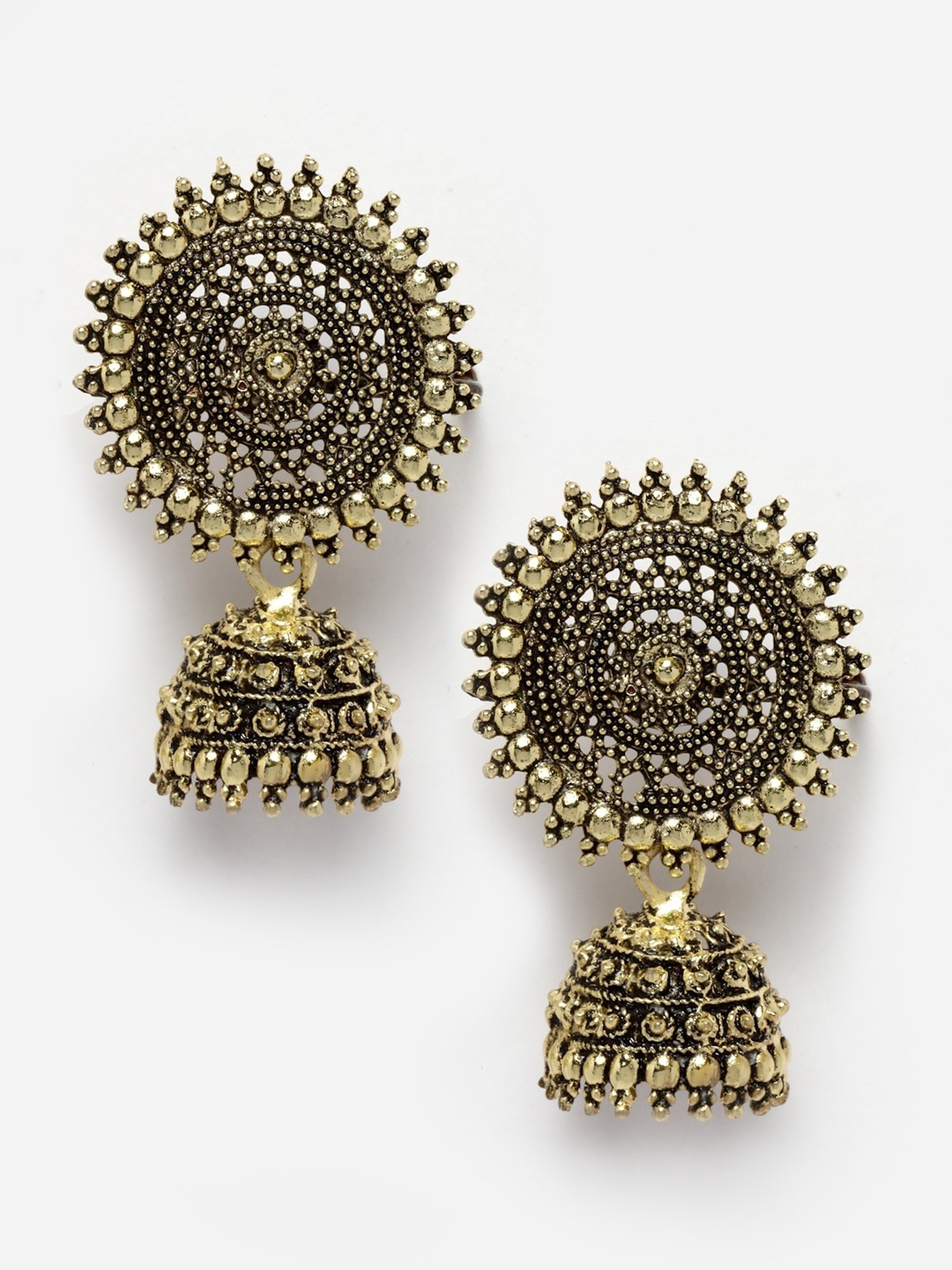 Moedbuille Antique Floral Design Oxidized Gold-Plated Handcrafted Filigree Jhumki Earrings